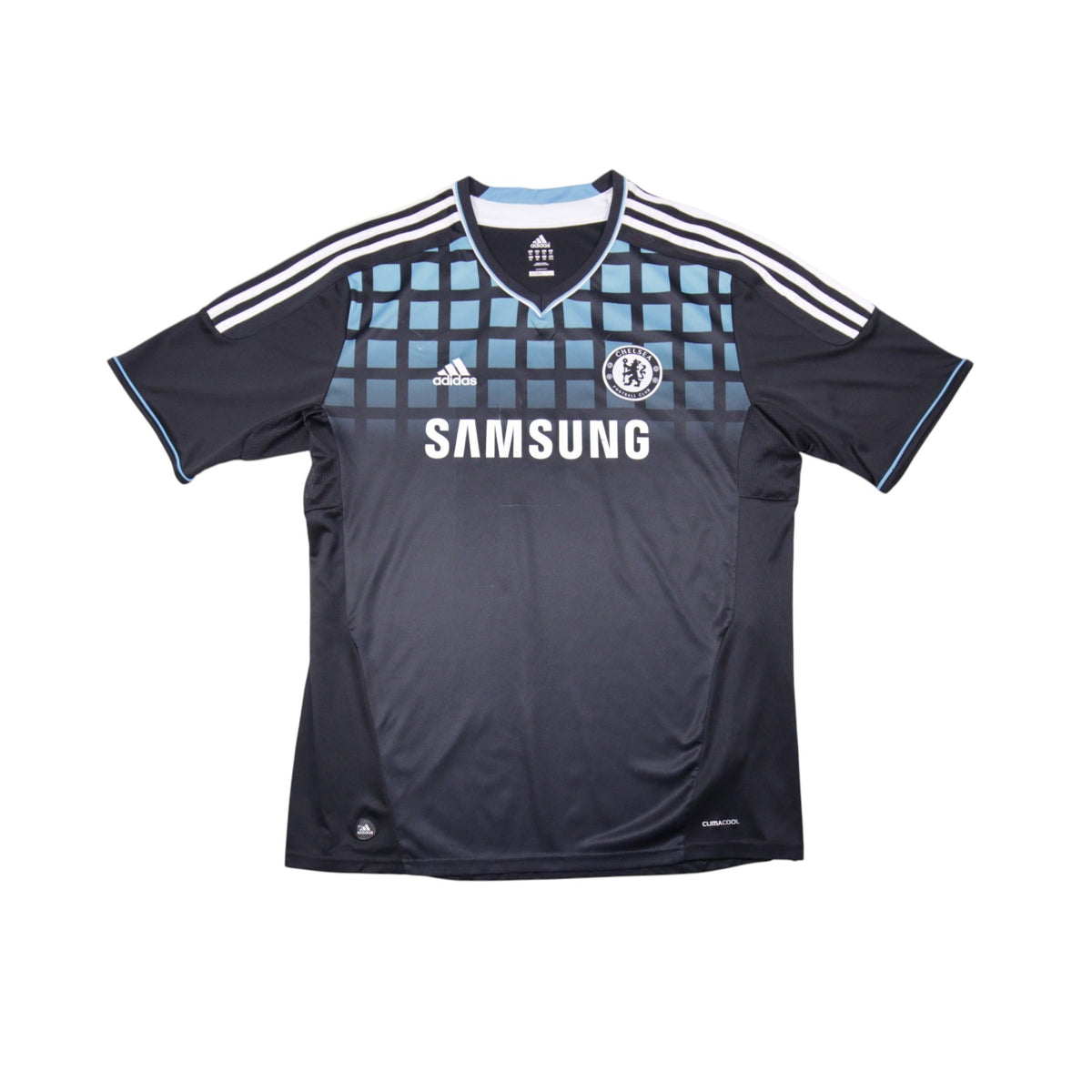 Chelsea 2011/12 away shirt front, black with pale blue chequerboard fade and Samsung sponsor