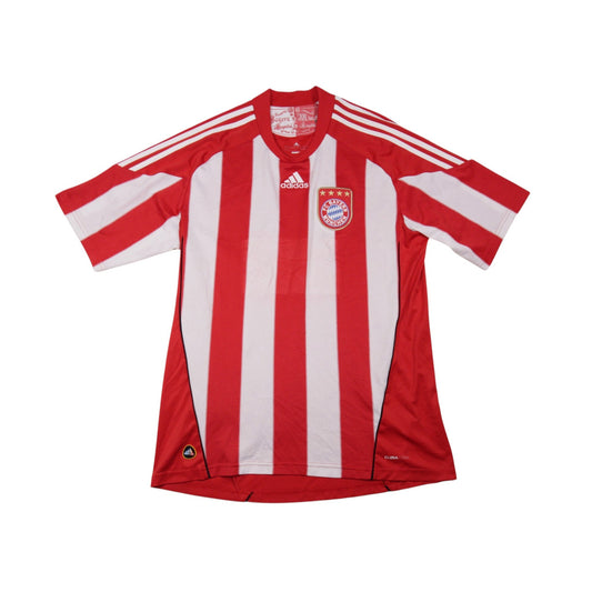 2010/11 Bayern Munich adidas home shirt, front view with red and white vertical stripes and club crest