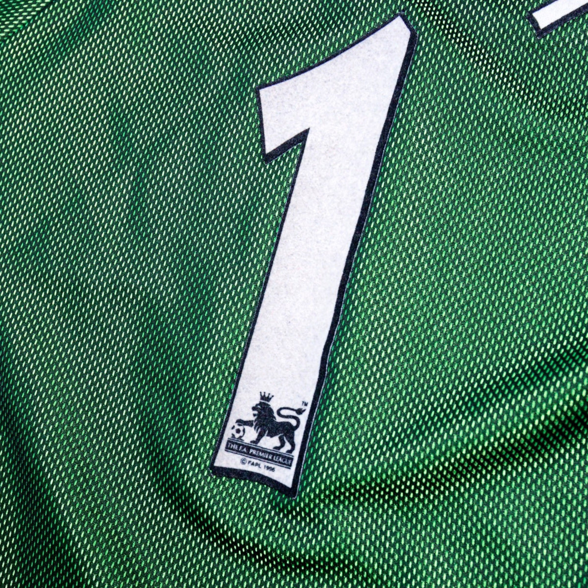 Close-up of number 1 and F.A. Premier League patch on the back