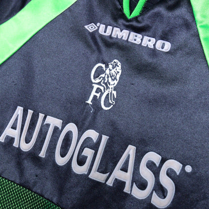 Close-up of Umbro logo, Chelsea crest and Autoglass sponsor on the chest