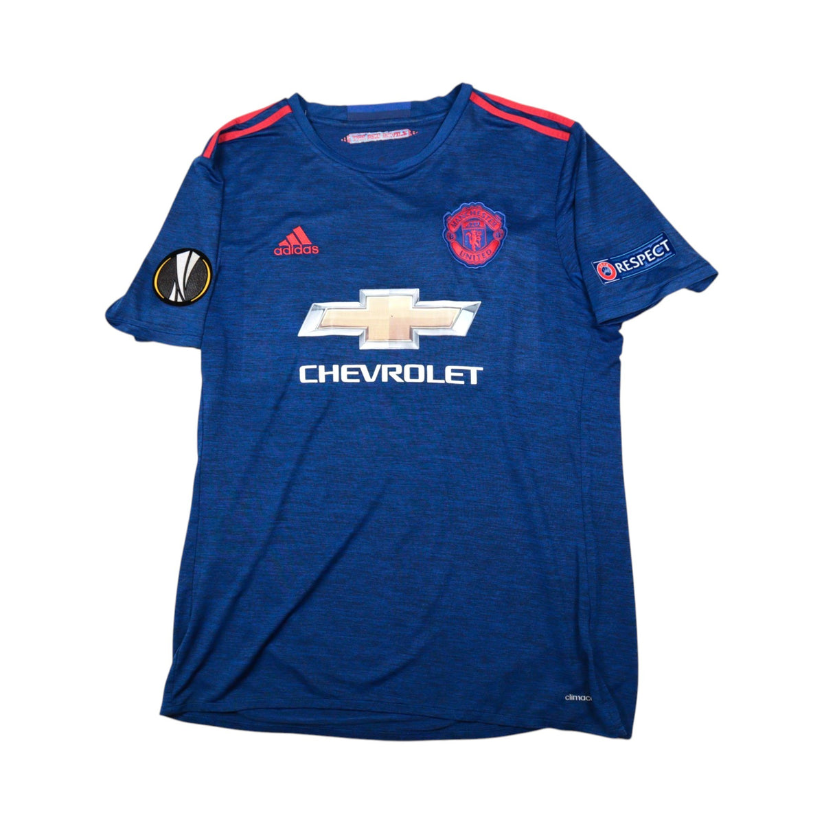 Manchester United 2016/17 away shirt front, blue with red trim, Chevrolet sponsor