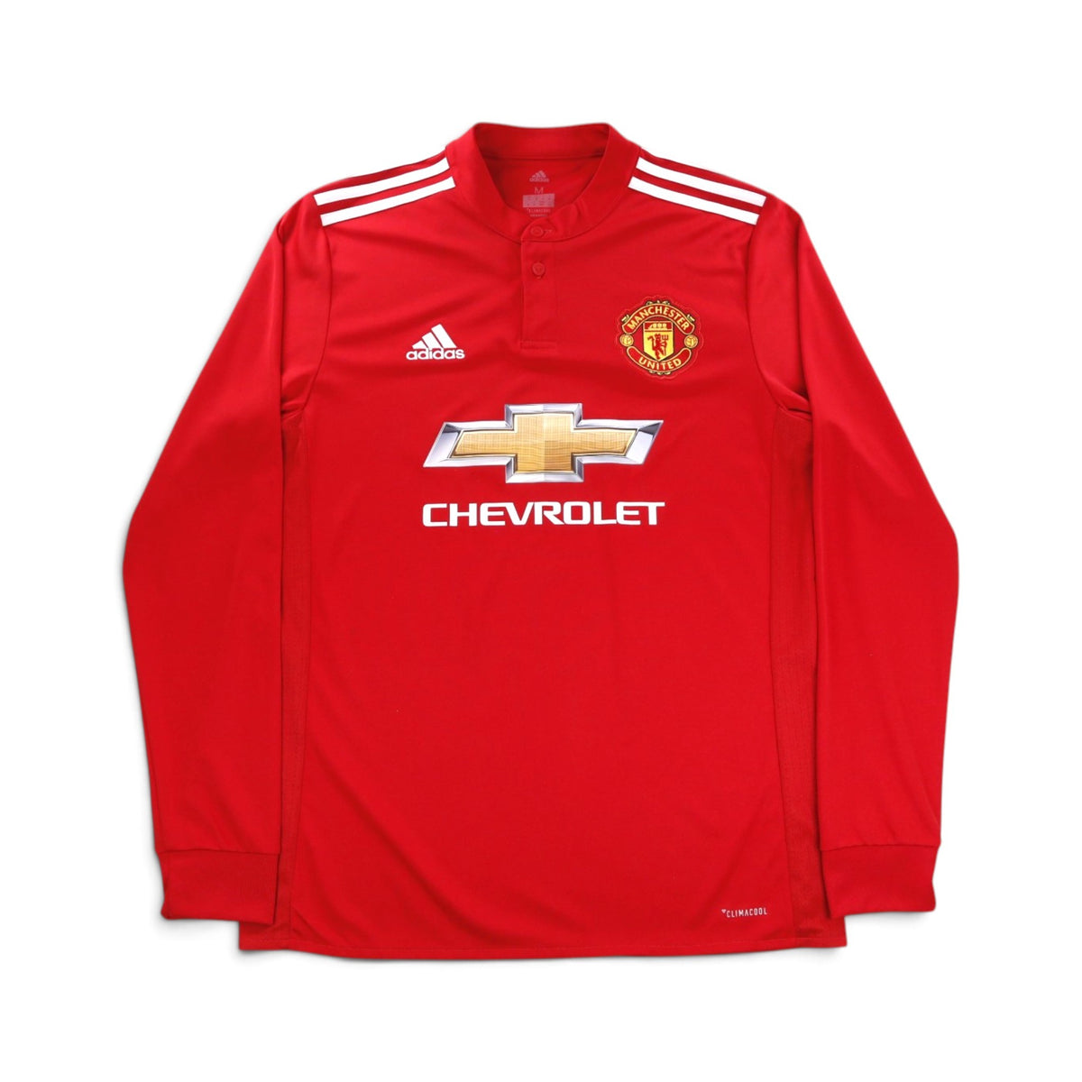 Manchester United 2017/18 home shirt front view, red with Chevrolet sponsor and crest