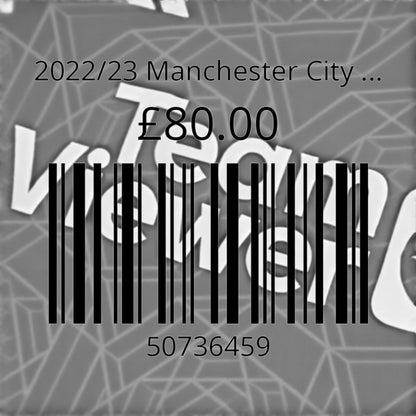 Price and barcode label for the 2022/23 Manchester City away shirt