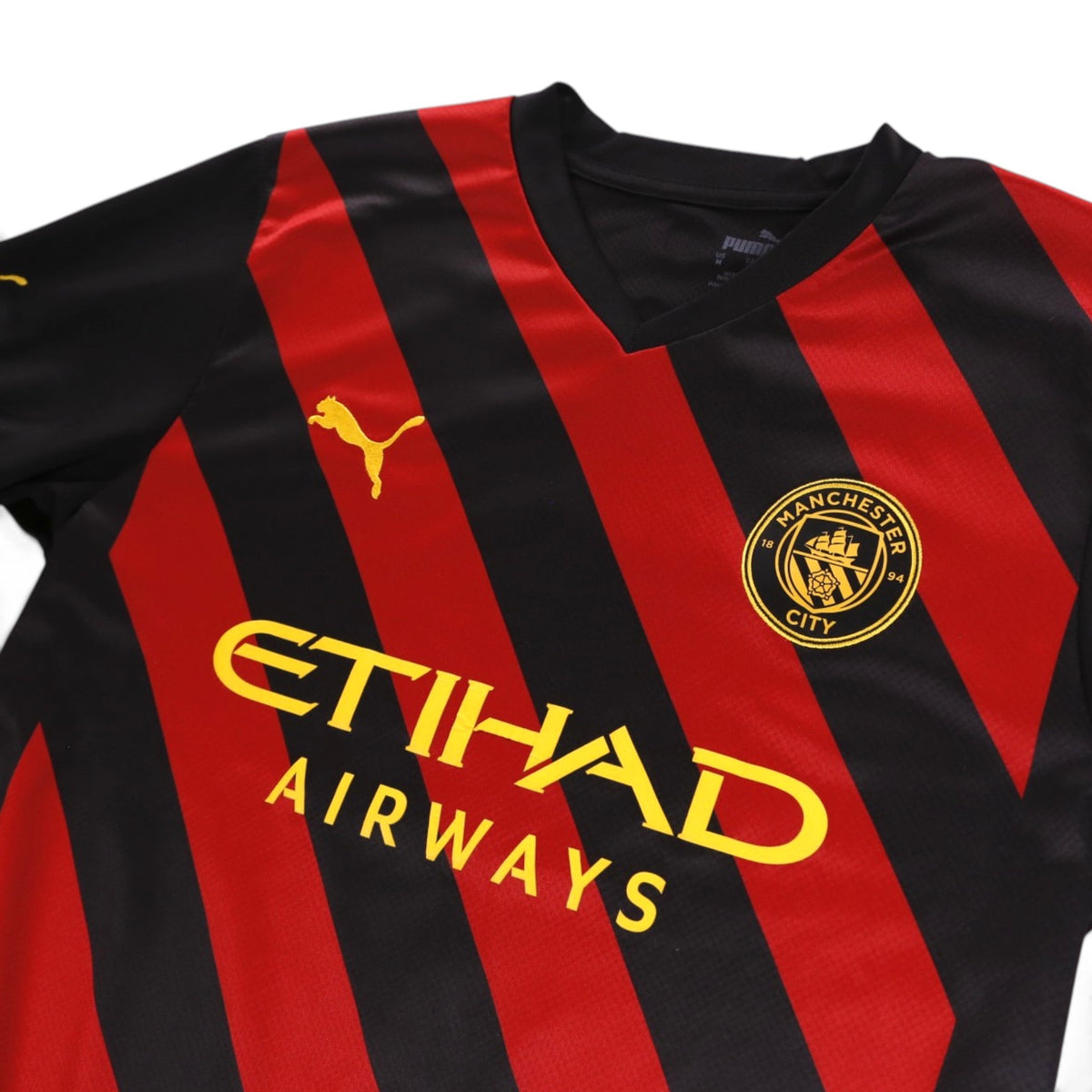 Close-up of the Manchester City crest, Puma logo and v-neck collar