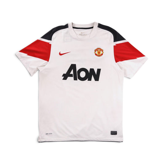 Manchester United 2010/11 away shirt front, white with black and red trim, AON sponsor and Nike swoosh
