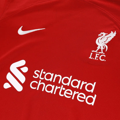 Close-up of Nike logo, Liverpool crest and Standard Chartered sponsor on the chest