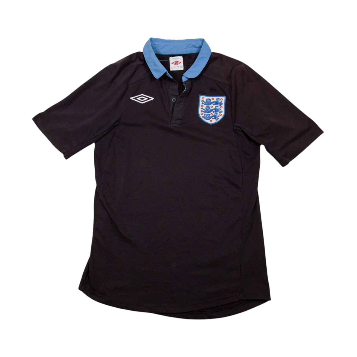 Front view of a 2011/12 England away shirt by Umbro, black with sky blue collar