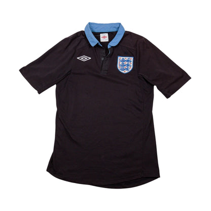 Front view of a 2011/12 England away shirt by Umbro, black with sky blue collar