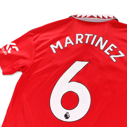 Close-up of Martinez number 6 printing and collar detail on Manchester United shirt