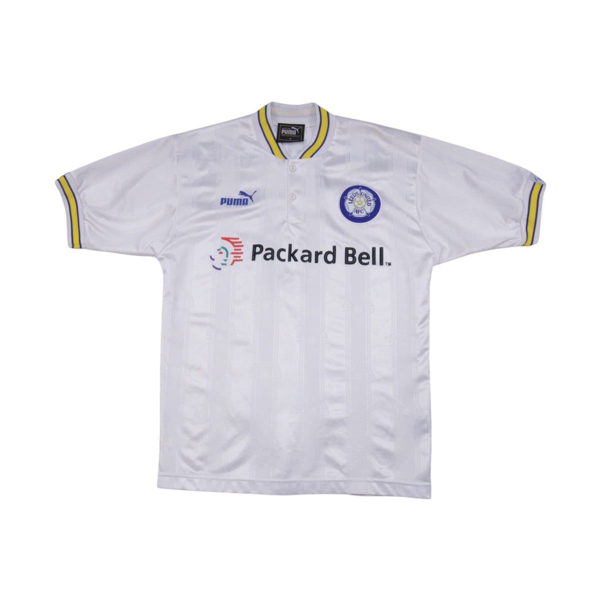 Leeds United 1996-98 Puma home shirt front view with Packard Bell sponsor