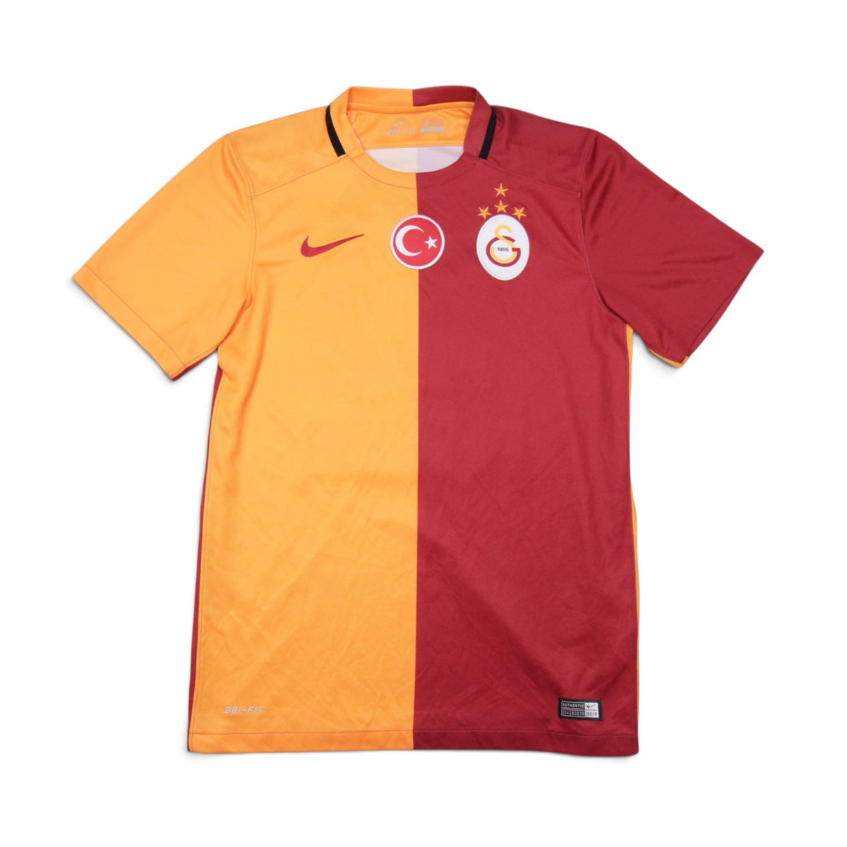 Galatasaray 2015/16 home shirt front view, red and yellow split design with Nike and club crest