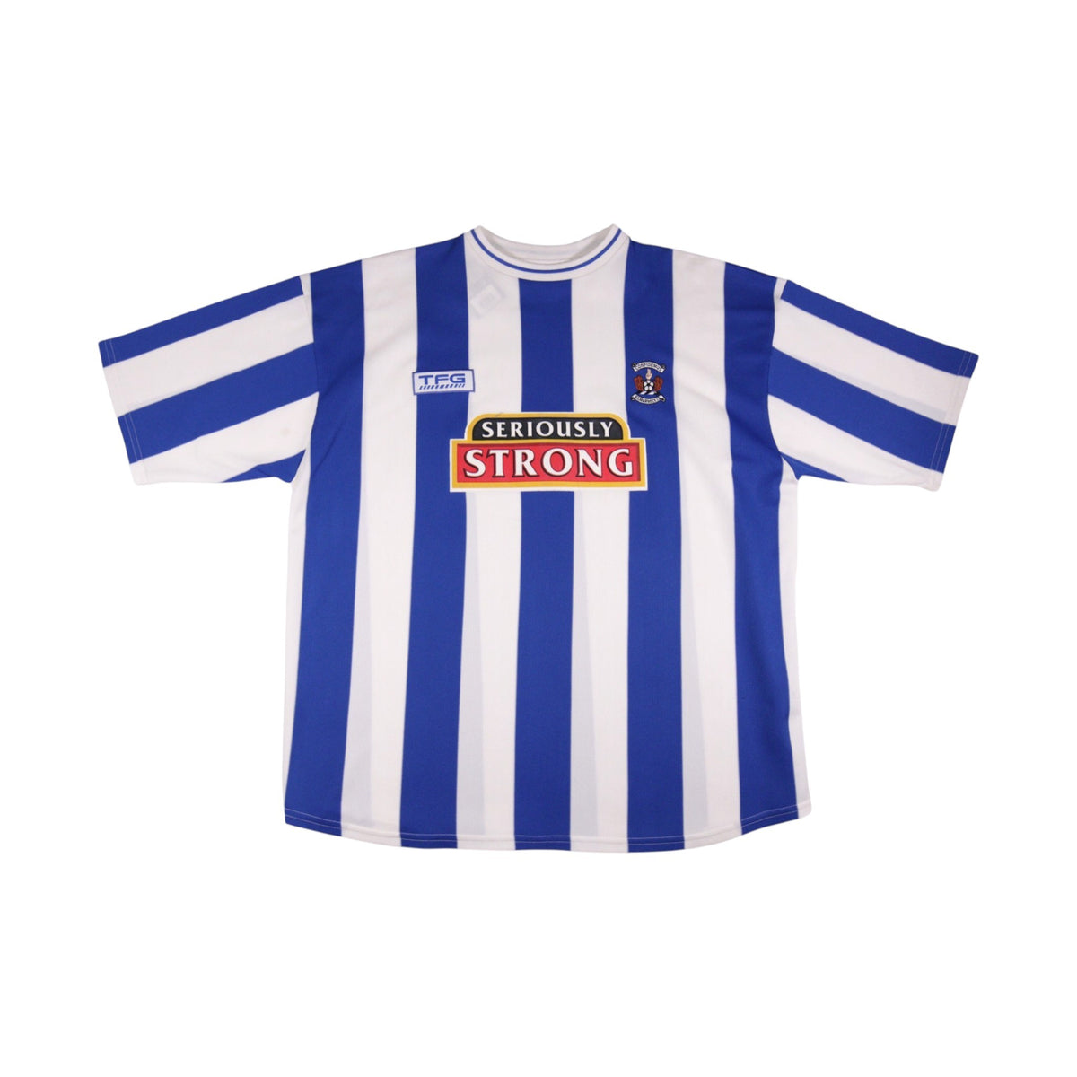2003/04 Kilmarnock home shirt front view, blue and white vertical stripes with Seriously Strong sponsor