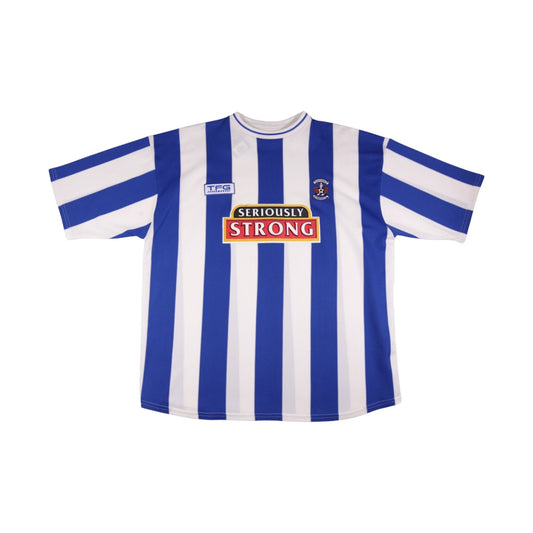 2003/04 Kilmarnock home shirt front view, blue and white vertical stripes with Seriously Strong sponsor