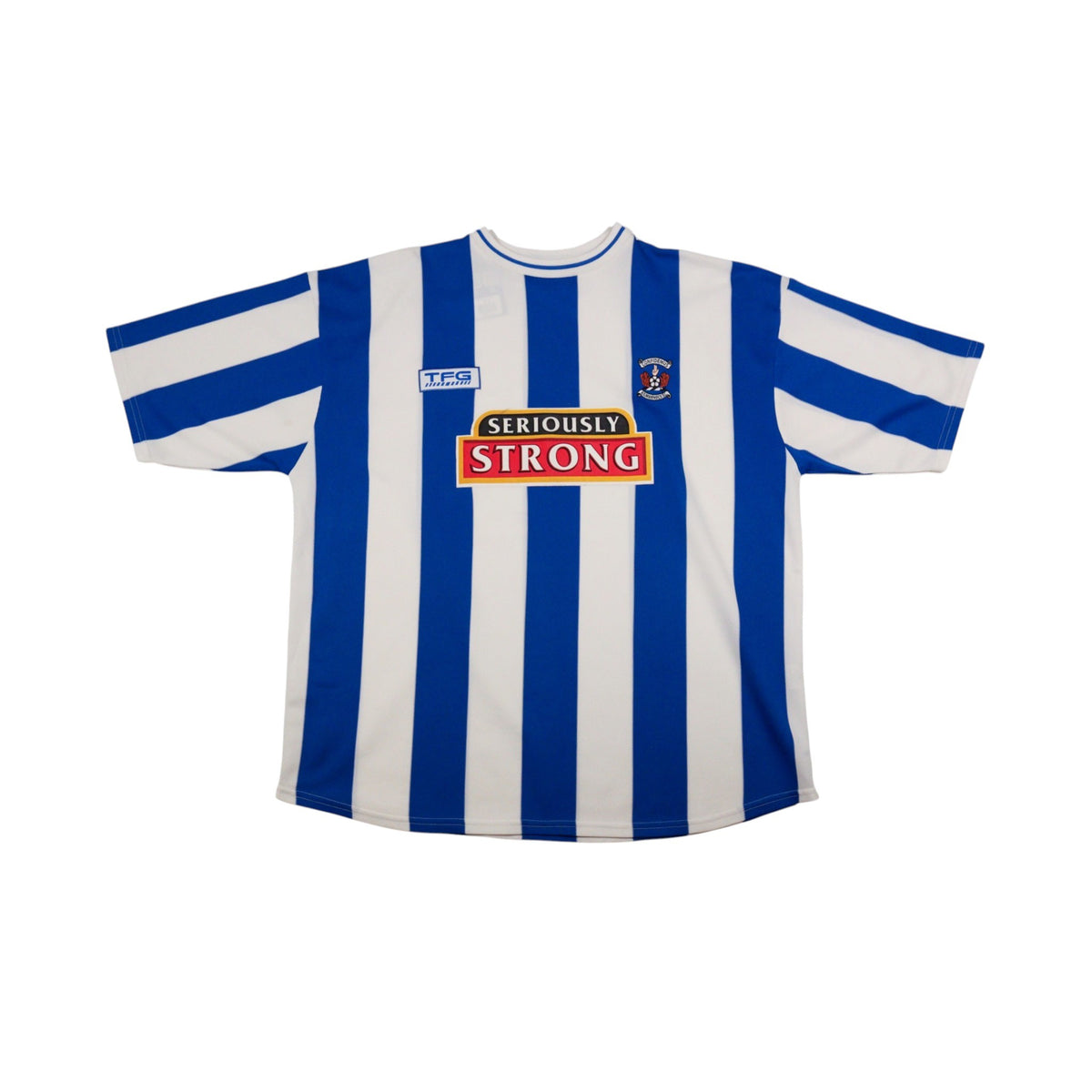 2003/04 Kilmarnock home shirt front view showing blue and white stripes and Seriously Strong sponsor