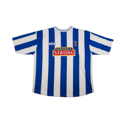 2003/04 Kilmarnock home shirt front view showing blue and white stripes and Seriously Strong sponsor