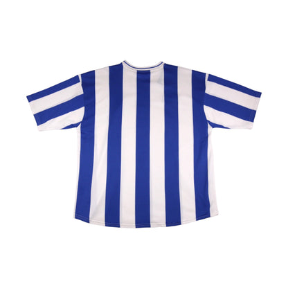 2003/04 Kilmarnock home shirt back view, blue and white vertical stripes