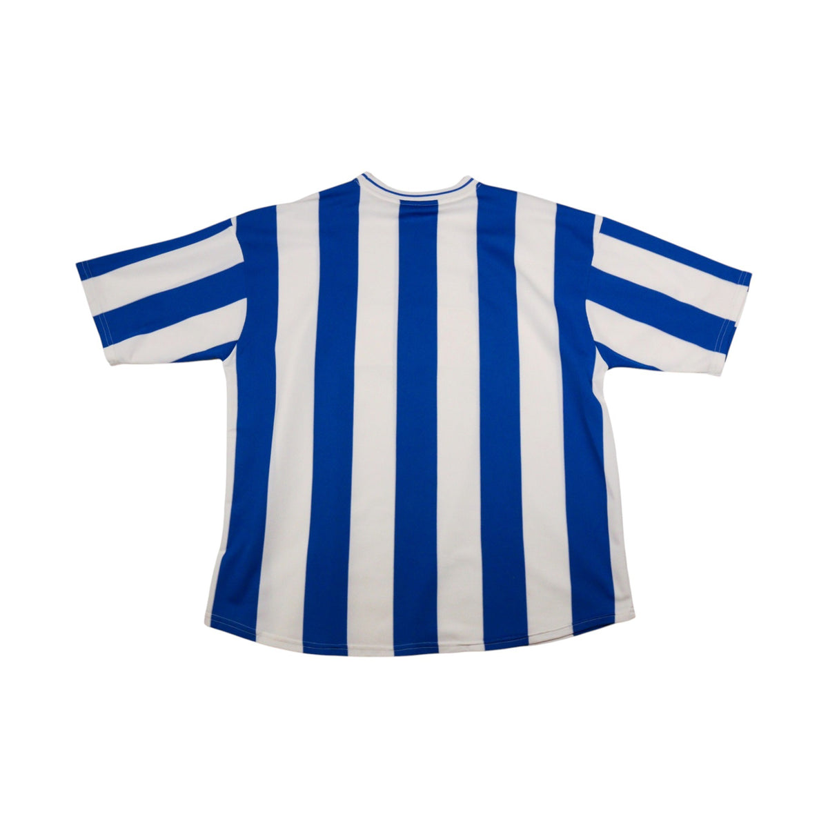 2003/04 Kilmarnock home shirt back view showing blue and white vertical stripes
