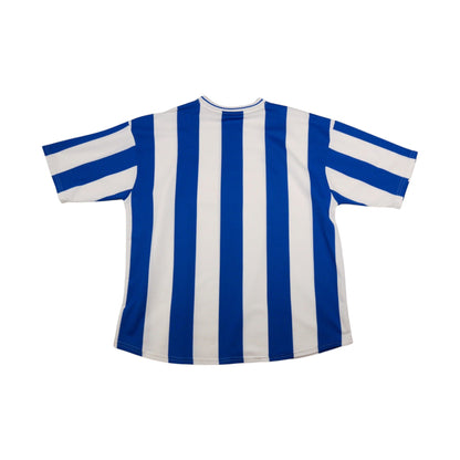 2003/04 Kilmarnock home shirt back view showing blue and white vertical stripes