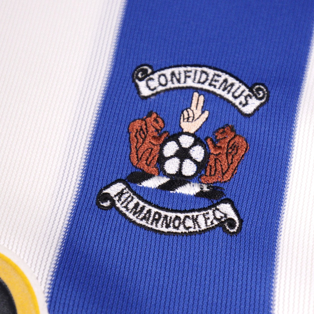 Close-up of Kilmarnock FC crest with Confidemus motto