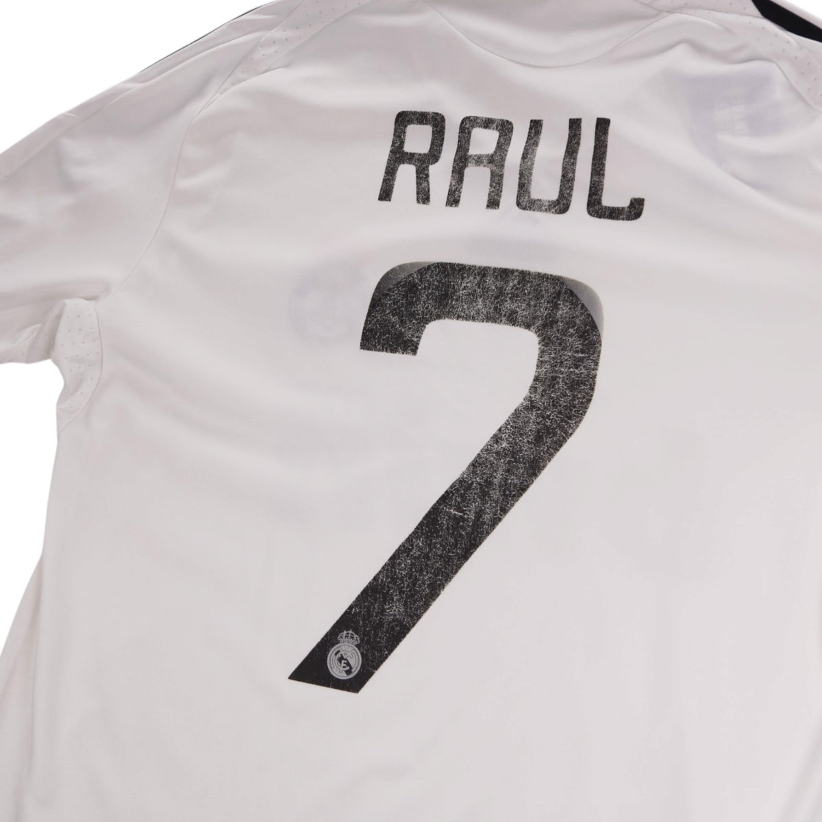 Close-up of Raul number 7 printing on the back of the shirt showing print texture