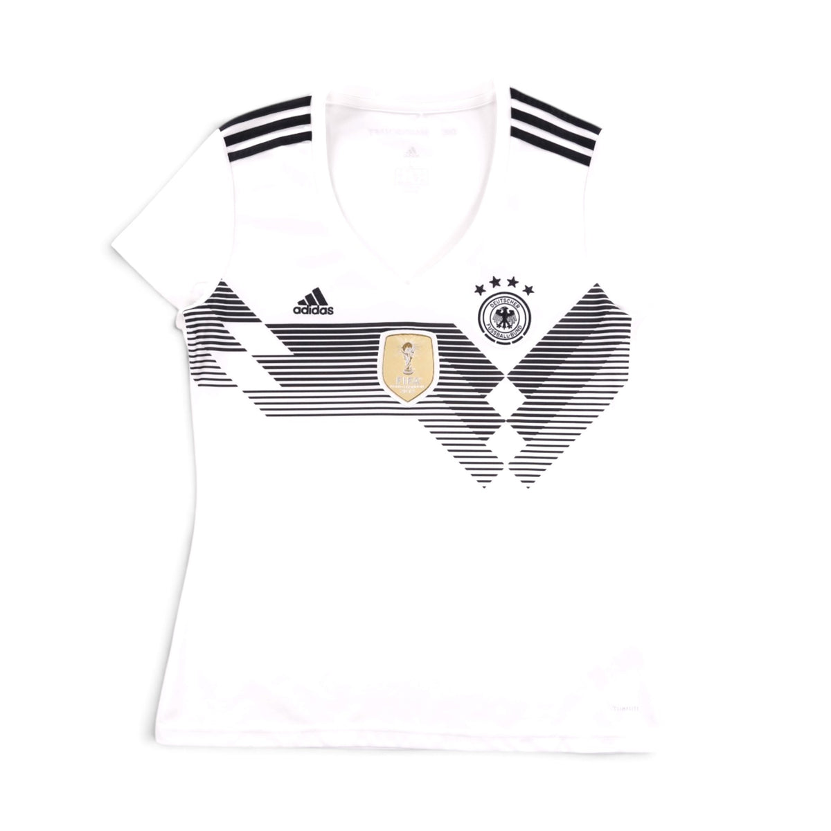 Front view of 2018/19 Germany adidas home shirt with chevron pattern and FIFA World Champions 2014 badge