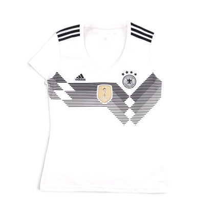 Front view of 2018/19 Germany adidas home shirt with chevron pattern and FIFA World Champions 2014 badge