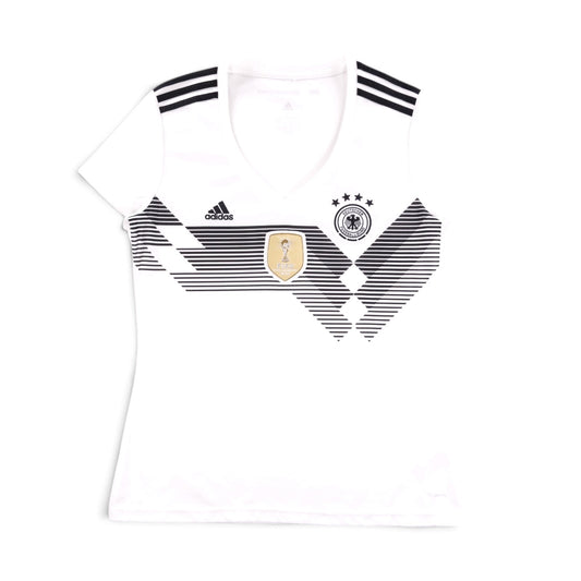 Front view of 2018/19 Germany adidas home shirt with chevron pattern and FIFA World Champions 2014 badge