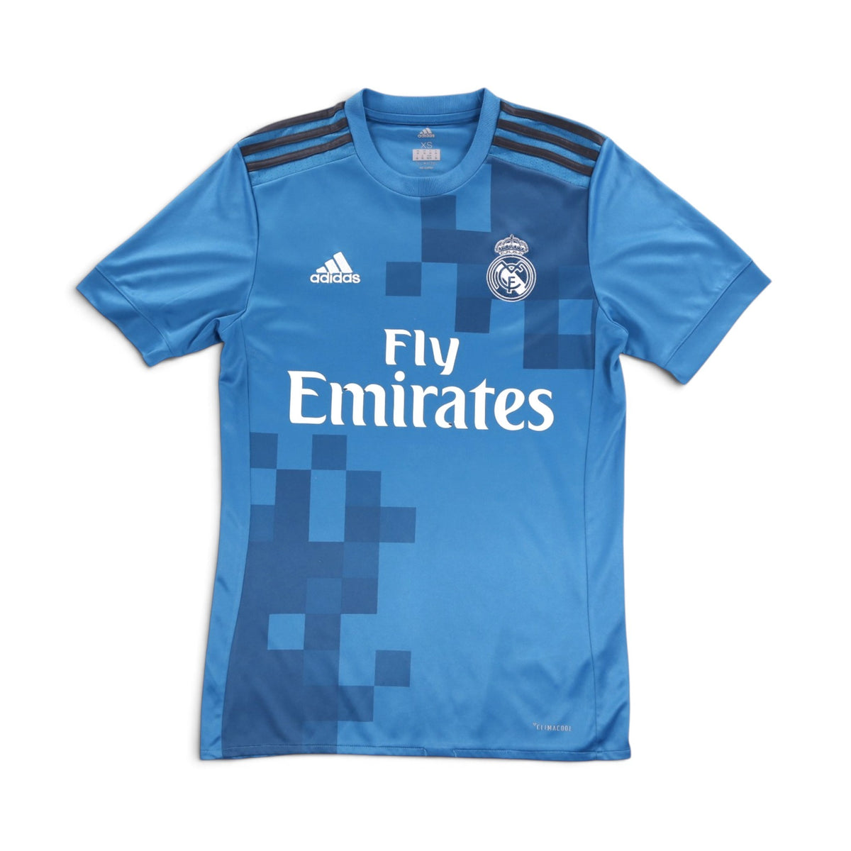 2017/18 Real Madrid adidas third shirt, front view, sky blue with navy pixelated pattern