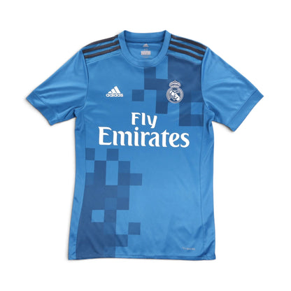 2017/18 Real Madrid adidas third shirt, front view, sky blue with navy pixelated pattern