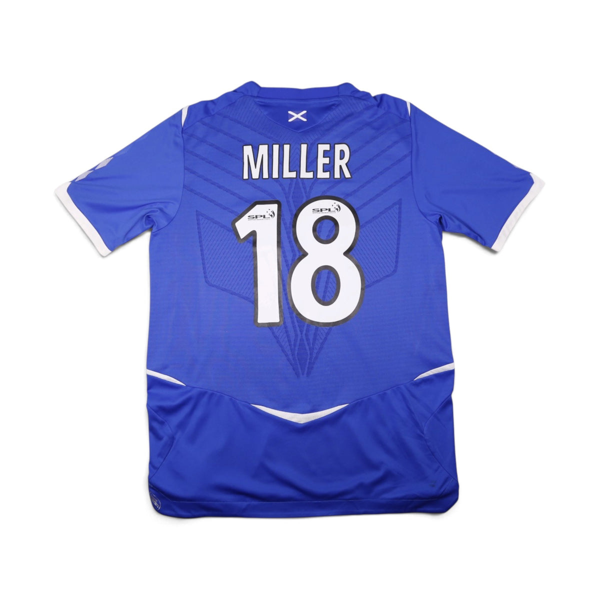 Rangers 2008/09 home shirt back view with Miller 18 printing and SPL badges