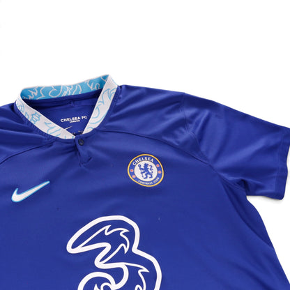 Close-up of the Chelsea crest, Nike swoosh and patterned collar trim