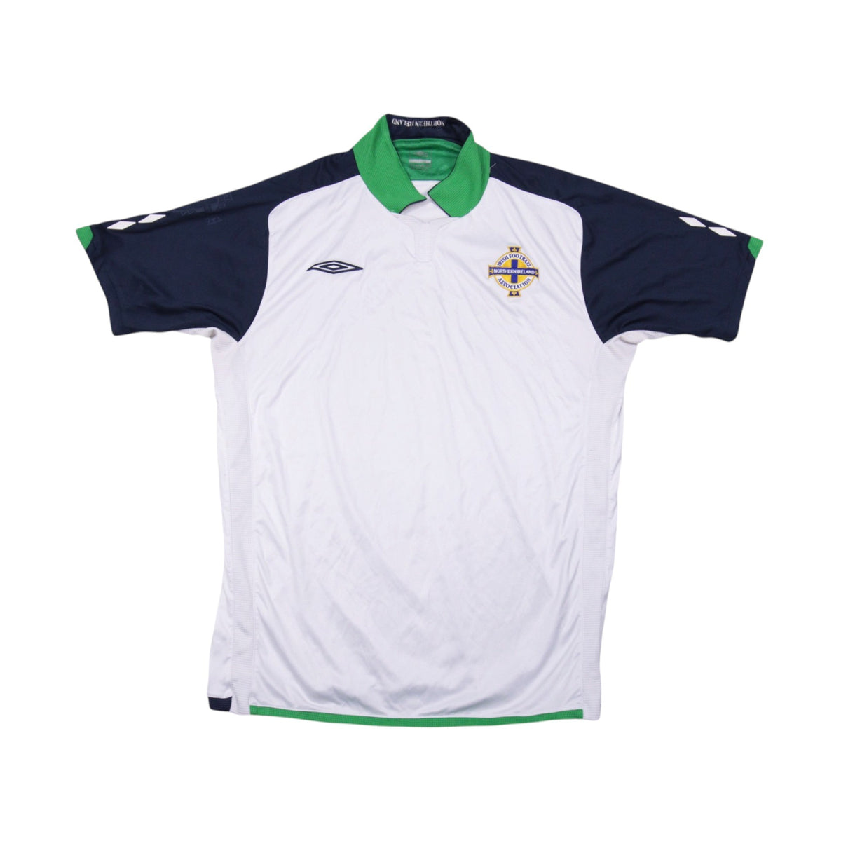 Front of 2009/10 Northern Ireland away shirt by Umbro, white with navy sleeves and green collar
