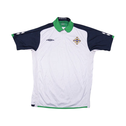 Front of 2009/10 Northern Ireland away shirt by Umbro, white with navy sleeves and green collar