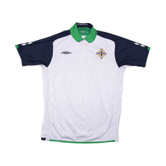 Front of 2009/10 Northern Ireland away shirt by Umbro, white with navy sleeves and green collar