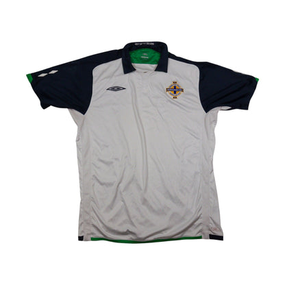 2009/10 Northern Ireland away shirt front view, white with navy sleeves and green trim