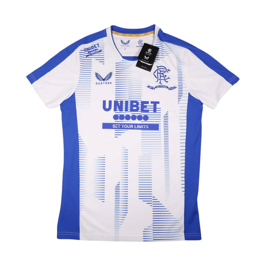 Front of white and blue Rangers 2021/22 training shirt with Unibet sponsor and Castore logo
