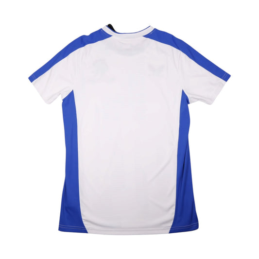 Back of white and blue Rangers 2021/22 training shirt showing blue side panels