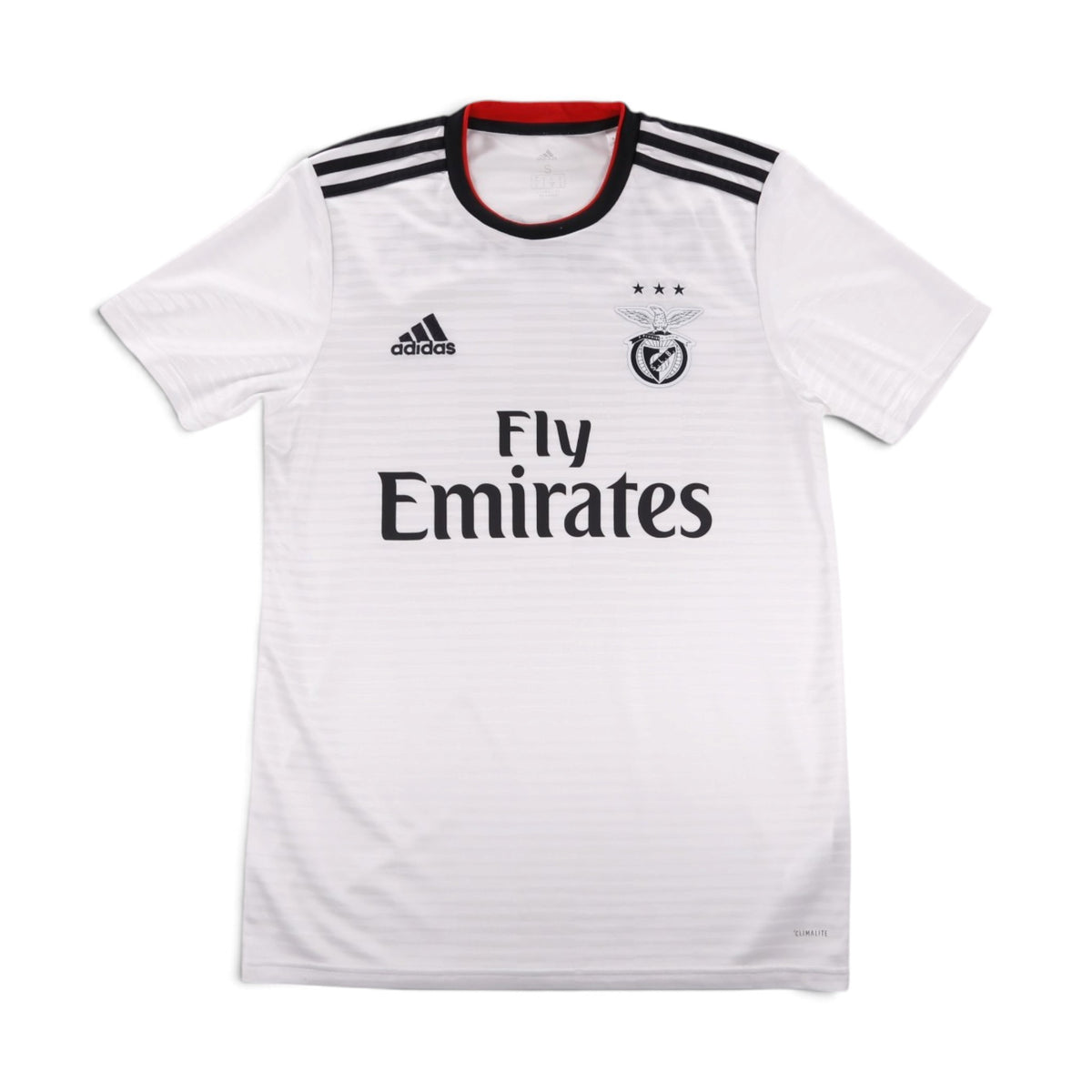 Benfica 2018/19 away shirt front, white with black trim and Fly Emirates sponsor