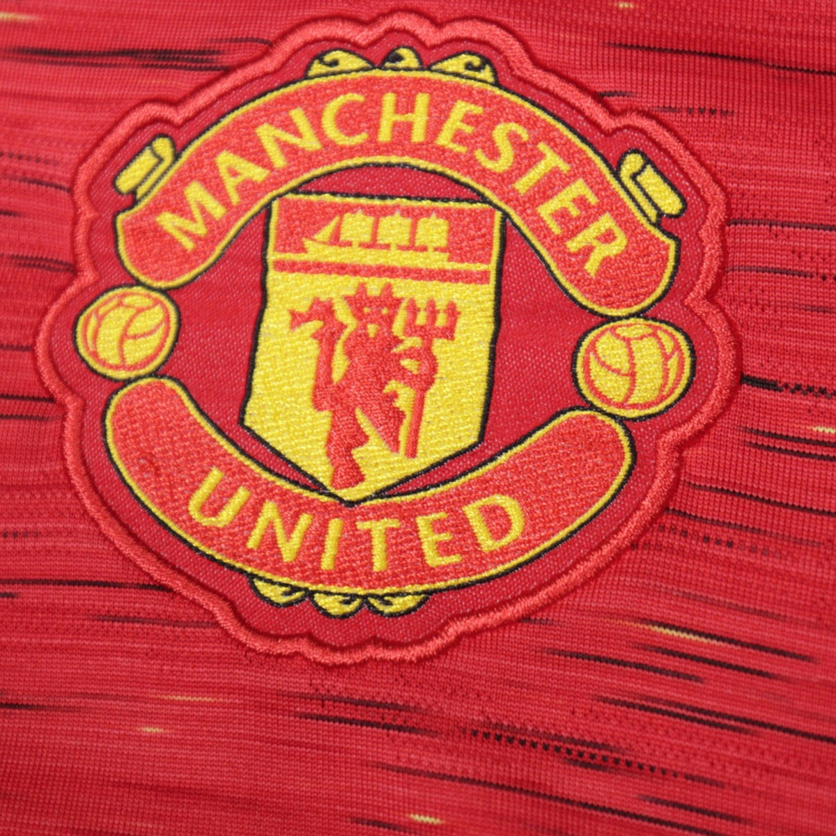 Close-up of Manchester United crest on shirt fabric