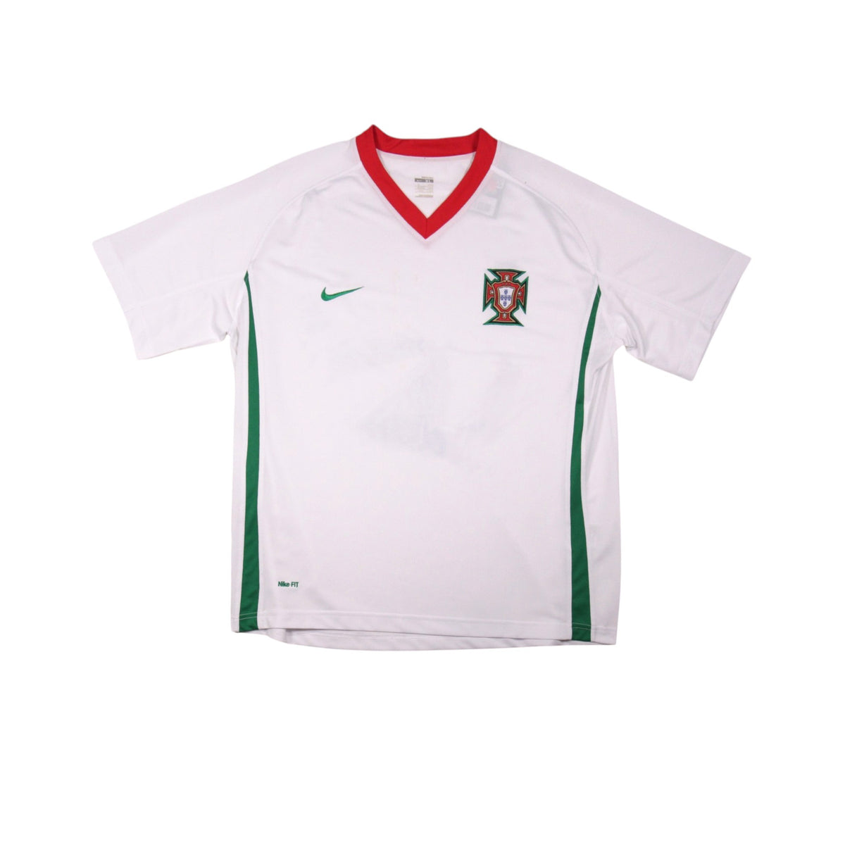 2008/10 Portugal away shirt front view, white with red and green trim and Nike swoosh