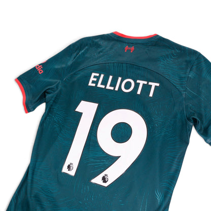 Close-up of Elliott 19 printing on the back of the Liverpool third shirt