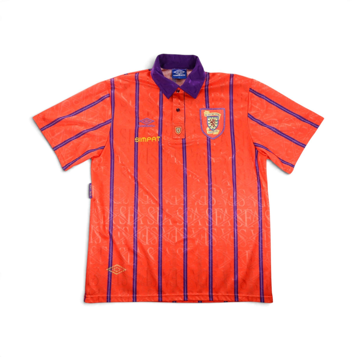 Scotland 1993/95 away football shirt front, orange with purple pinstripes