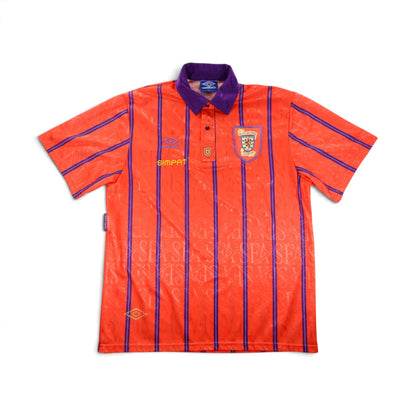 Scotland 1993/95 away football shirt front, orange with purple pinstripes