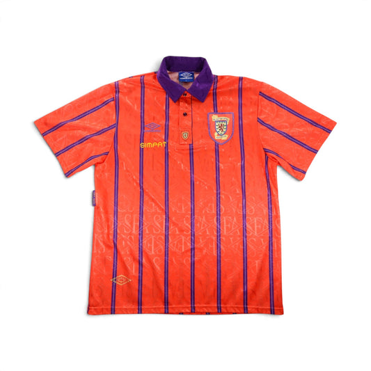 Scotland 1993/95 away football shirt front, orange with purple pinstripes