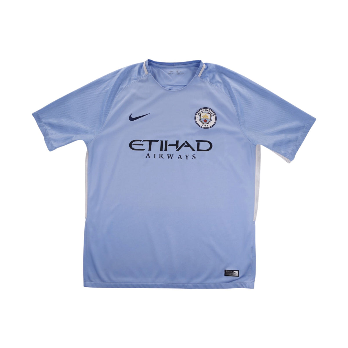 Manchester City 2017/18 home shirt front view with Etihad Airways sponsor and Nike swoosh