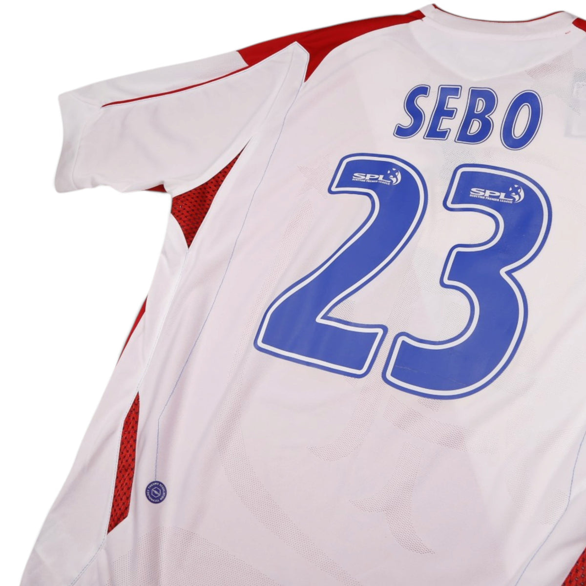Close-up of Sebo 23 print and SPL logos on Rangers away shirt