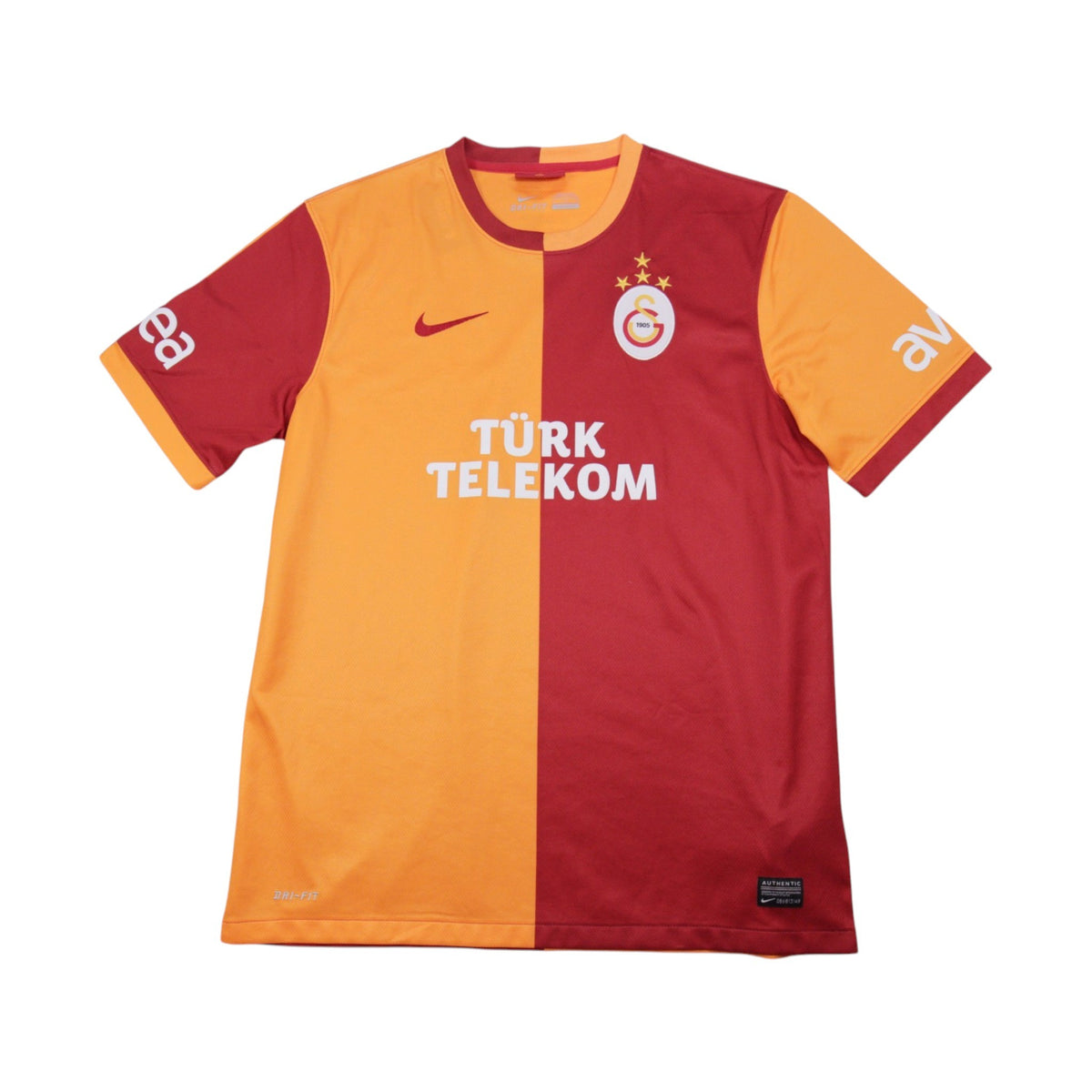 Galatasaray 2013/14 home shirt front view, red and yellow halved design with Türk Telekom sponsor