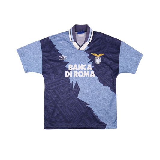 Lazio 1994-96 away shirt front, navy and sky blue jacquard design with Banca di Roma sponsor and Umbro logo