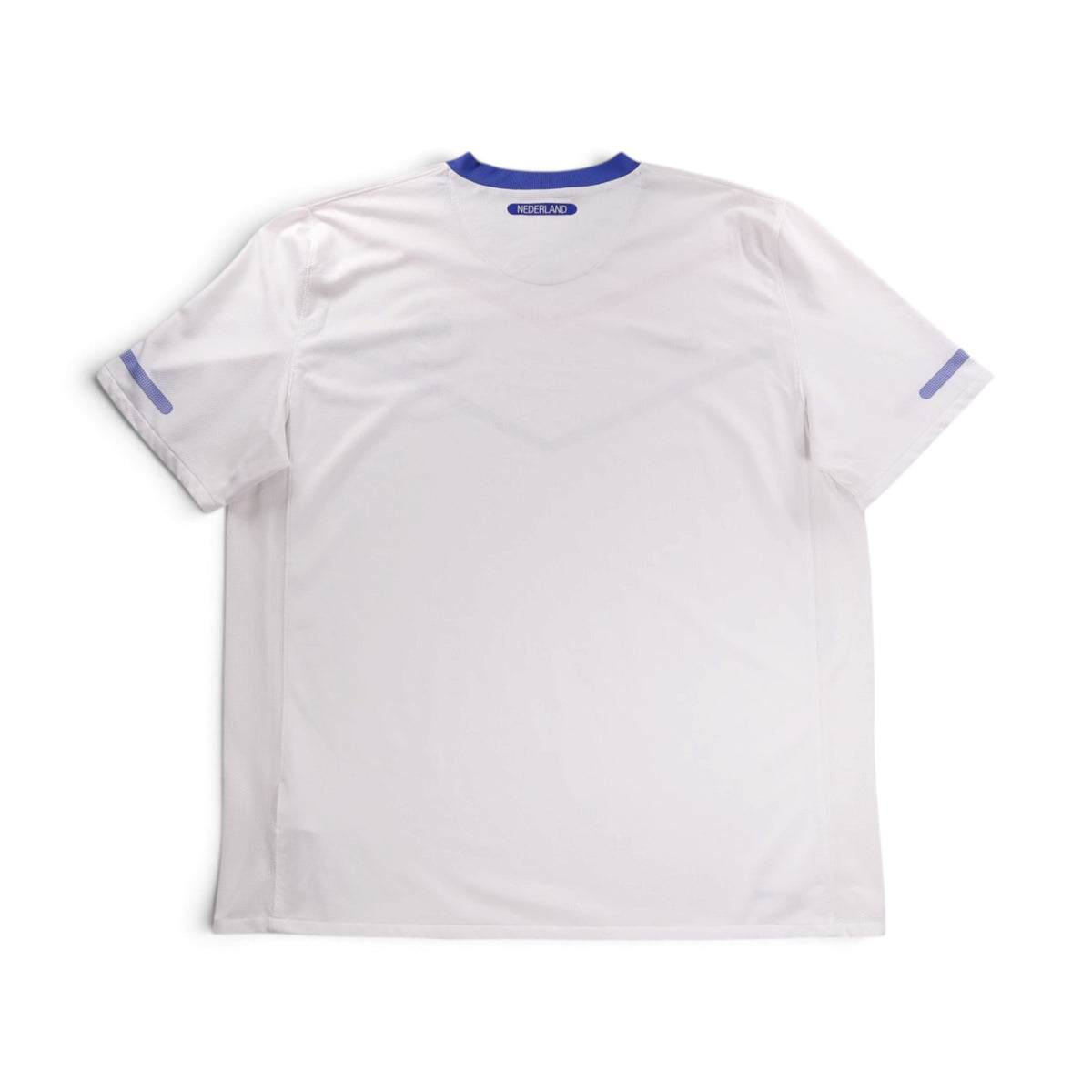 Back of white Netherlands away shirt showing 'NEDERLAND' text beneath the collar
