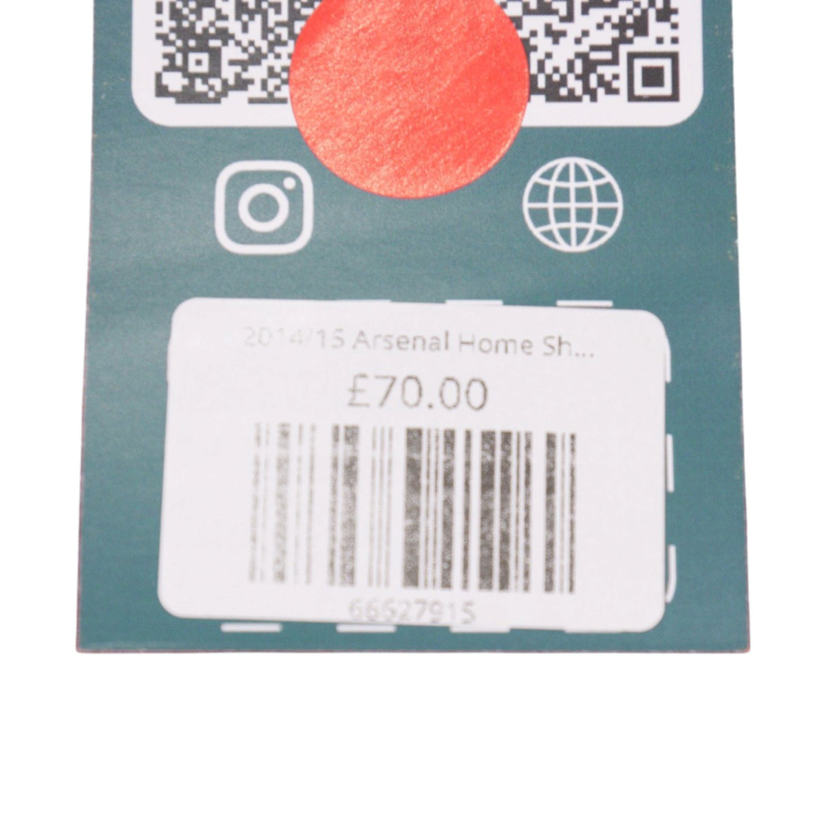 Price tag and barcode label for the 2014/15 Arsenal home shirt